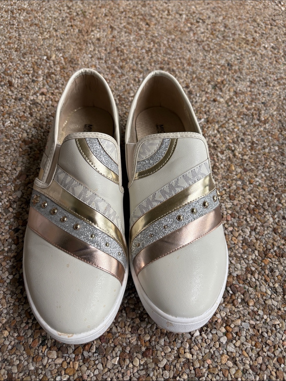 Michael Kors Cream Slip-On Sneakers with Gold, Silver and Rose-Gold Straps